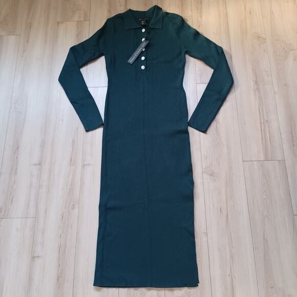 House of Harlow Ribbed Knit Collared Henley Midi Dress Evergreen S NWT - Picture 4 of 13